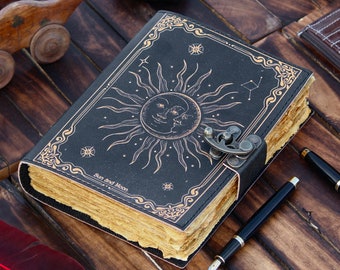 Sun & moon journal • handmade deckle edge old paper, grimoire journal, book of shadows, leather sketchbook, great gift book 7x5 inch