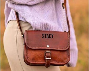 Personalized Leather Crossbody Bag: Monogram Travel Purse, Sling Satchel