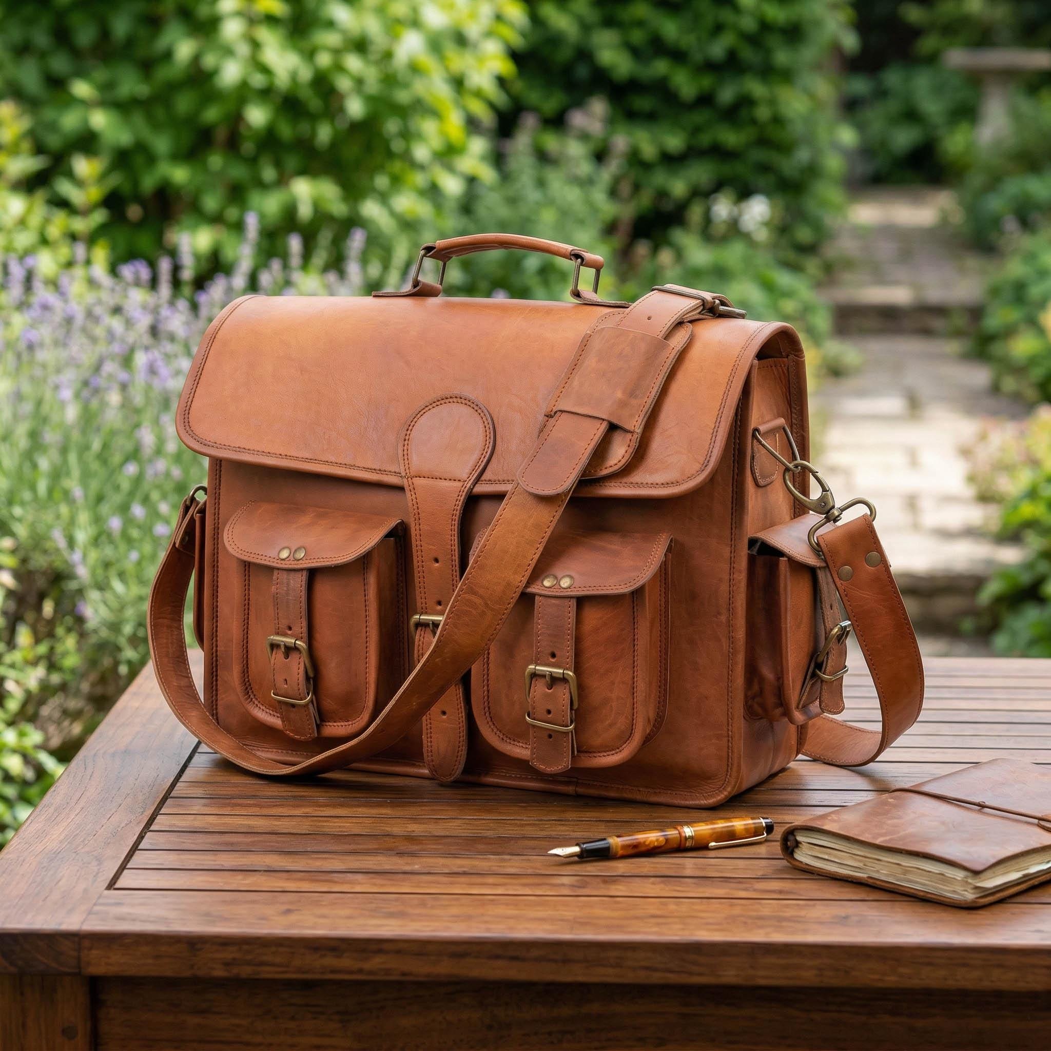 Personalized Leather Messenger Bag for Men, Monogram Briefcase