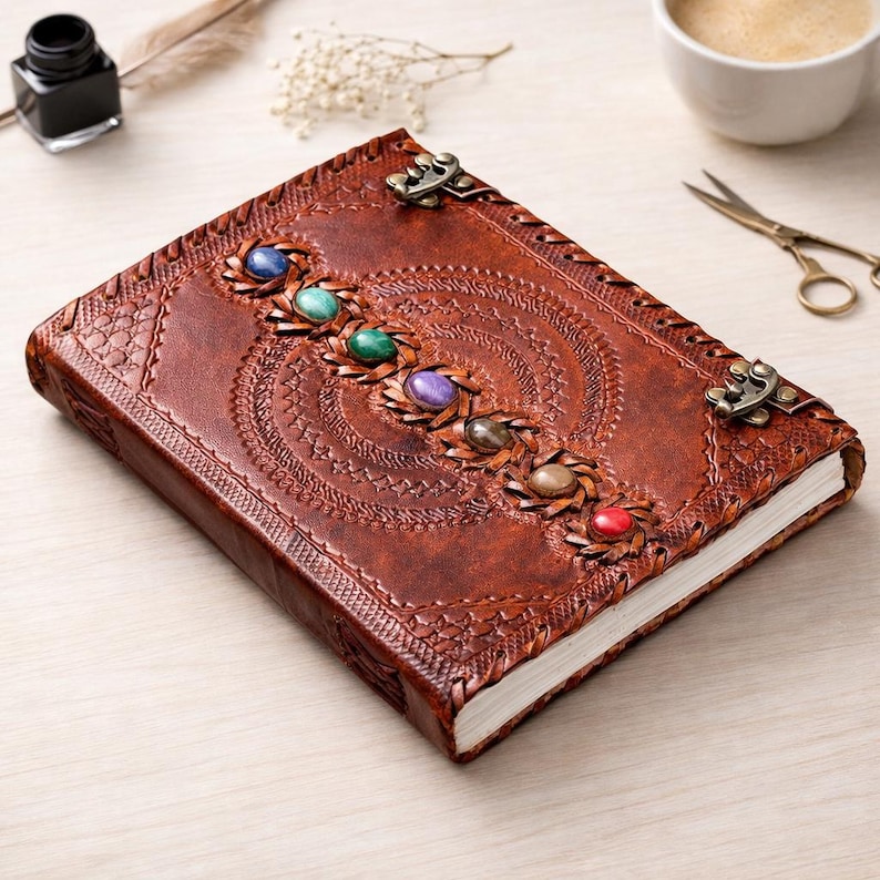 Extra Large Leather Journal - Seven Stone Chakra Spell Book of Shadows Grimoire Journal Witchcraft Wiccan Pagan Altar Decor Spiritual Gifts