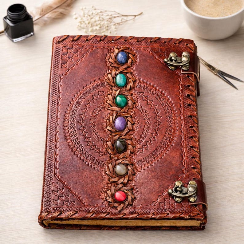 Extra Large Leather Journal - Seven Stone Chakra Spell Book of Shadows Grimoire Journal Witchcraft Wiccan Pagan Altar Decor Spiritual Gifts