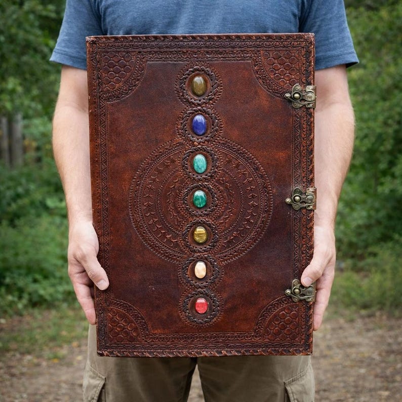 Extra Large Leather Journal - Seven Stone Chakra Spell Book of Shadows Grimoire Journal Witchcraft Wiccan Pagan Altar Decor Spiritual Gifts