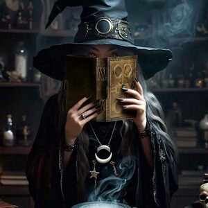 May include: A woman wearing a black witch's hat and a black robe holds a leather-bound book with gold accents and ornate designs. The book is open and the woman is looking at the pages. She is wearing a silver necklace with a crescent moon pendant and a silver ring on her finger. The background is a dark and mysterious room with shelves of bottles and jars.