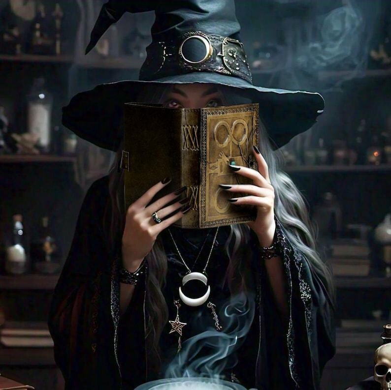 May include: A woman wearing a black witch's hat and a black robe holds a leather-bound book with gold accents and ornate designs. The book is open and the woman is looking at the pages. She is wearing a silver necklace with a crescent moon pendant and a silver ring on her finger. The background is a dark and mysterious room with shelves of bottles and jars.