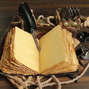 Puede incluir: Un diario de estilo antiguo abierto con p&aacute;ginas de papel envejecido, una pluma de pluma negra con punta de plata y un peque&ntilde;o tintero sobre una superficie de madera.