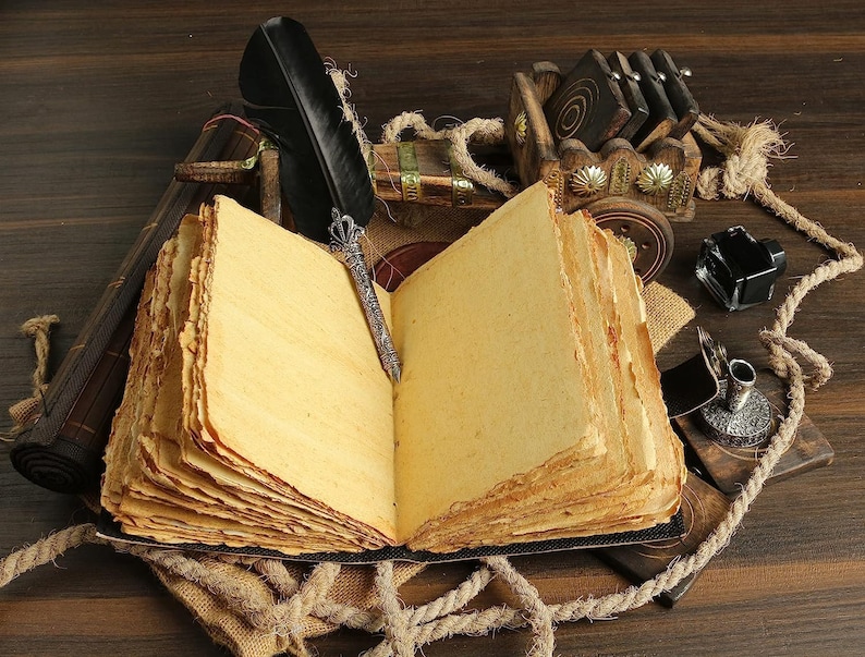 Puede incluir: Un diario de estilo antiguo abierto con p&aacute;ginas de papel envejecido, una pluma de pluma negra con punta de plata y un peque&ntilde;o tintero sobre una superficie de madera.