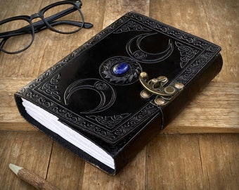 Triple Moon Leather Grimoire – Unlined Handmade Cotton Paper Witch Journal & Sketchbook