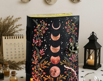 Diario de cuero con las fases lunares: Libro de hechizos de las sombras, grimorio, suministros de brujería y decoración.