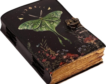 Libro de hechizos de las sombras de Luna Moth, grimorio de cuero, libro de hechizos de brujería, decoración wiccana