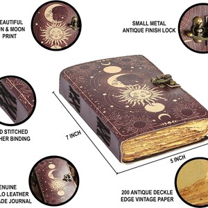 Puede incluir: Un diario de cuero burdeos con un dise&ntilde;o de sol y luna, encuadernaci&oacute;n cosida a mano y una cerradura de metal antiguo. El diario mide 17,8 cm de alto y 12,7 cm de ancho y contiene 200 p&aacute;ginas de papel vintage de borde de cubierta antiguo.