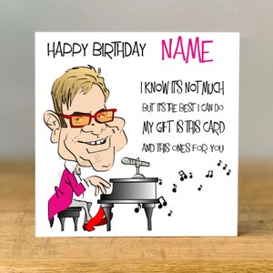 May include: A birthday card featuring a cartoon of a musician playing a piano. The card reads "HAPPY BIRTHAY NAME" and includes a message. The musician is depicted wearing glasses and a pink jacket.