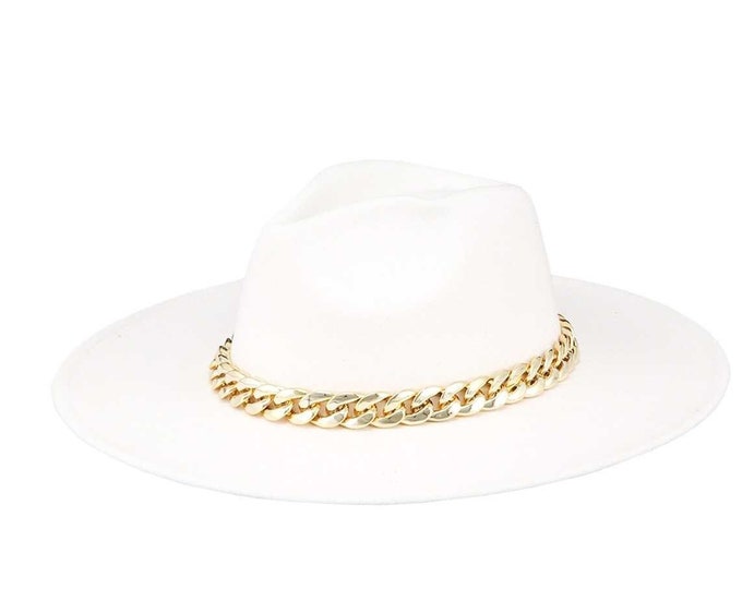 Gold Member Chain White Fedora Hat, Big Wide Brim Fedora Hats for Women Men Western Suede Hat Large Felt Panama Hat Rancher Hat