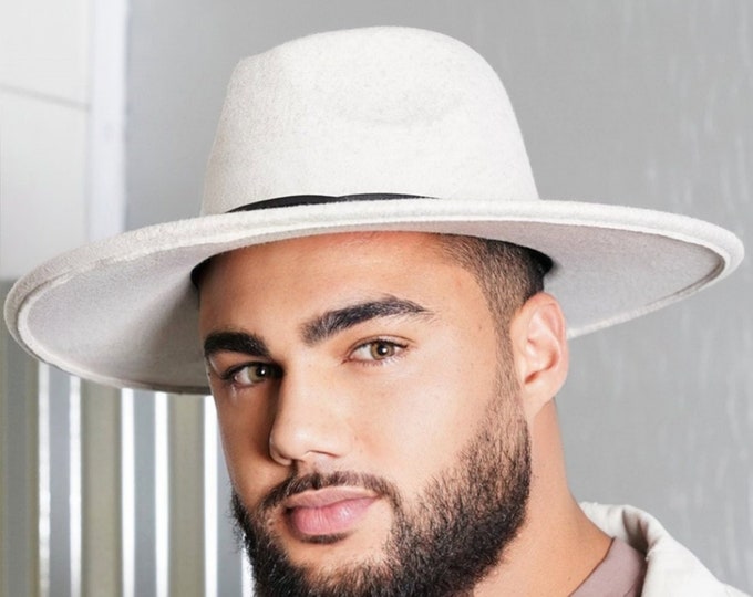 Men's Ivory Widebrim Fedora Hat with Leather Trim