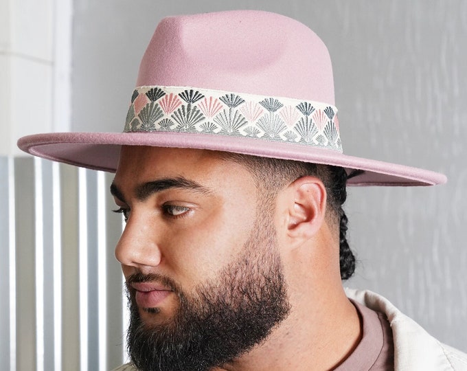 Pink Beverly Wide Brim Fedora Hat, Men Women Felt Beige Fedora Hat with Famous Clan Style Embroidered Ribbon Jazz Trilby