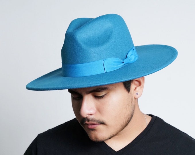 Men's Aqua Fedora Hat with Ribbon