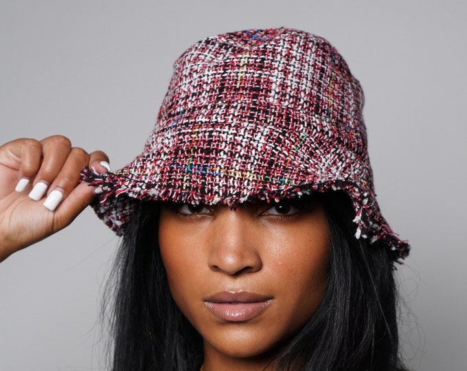 Red Tweed Bucket Hat Raw Edge