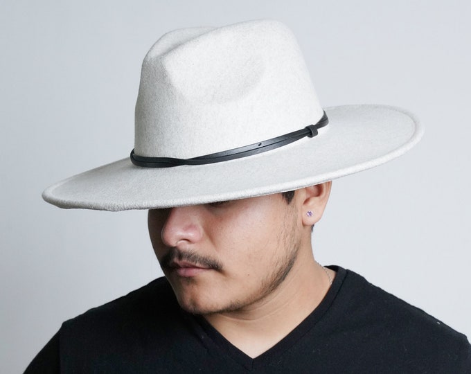 Ivory Widebrim Fedora Hat with Leather Trim, Trendy Fedora Hats for Men & Women Wide Brim Felt Hat Dress Panama Hat Two Tone Fedora