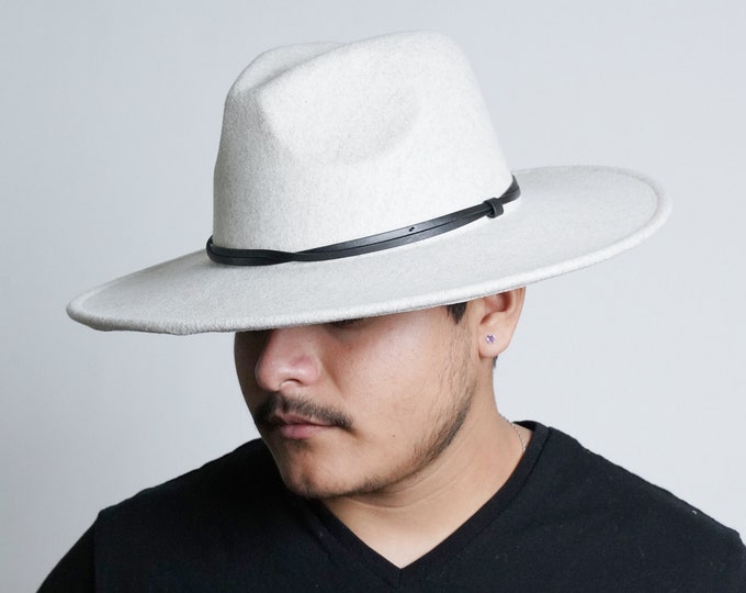 Ivory Widebrim Fedora Hat with Leather Trim