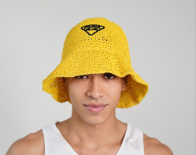 Paris Milano Yellow Embroidery Straw Bucket Hat