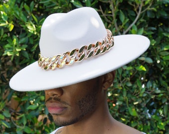 Eggshell White Widebrim Fedora Hat with Chain Band