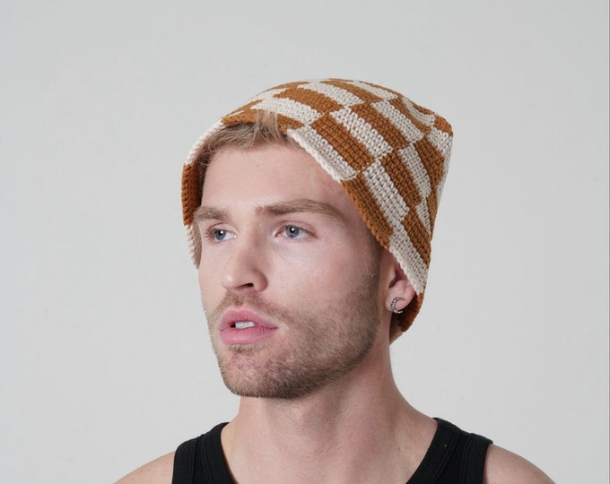 Brown Checkered Hand Knitted Bucket Hat