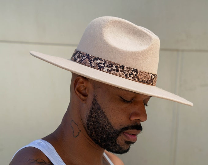 Walnut Cream Wide Brim Fedora with Snake Details