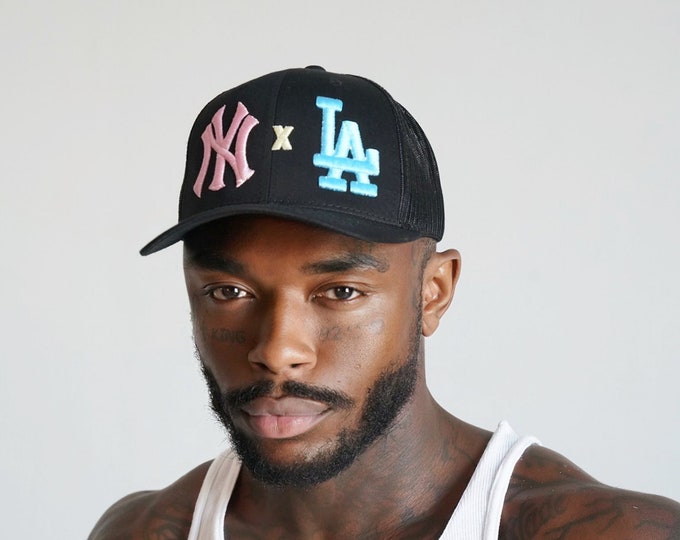 Black Pink NY X Blue LA Trucker Hat, Baseball Hats for Women and Men Dad Cap Hats for Outdoor Activities
