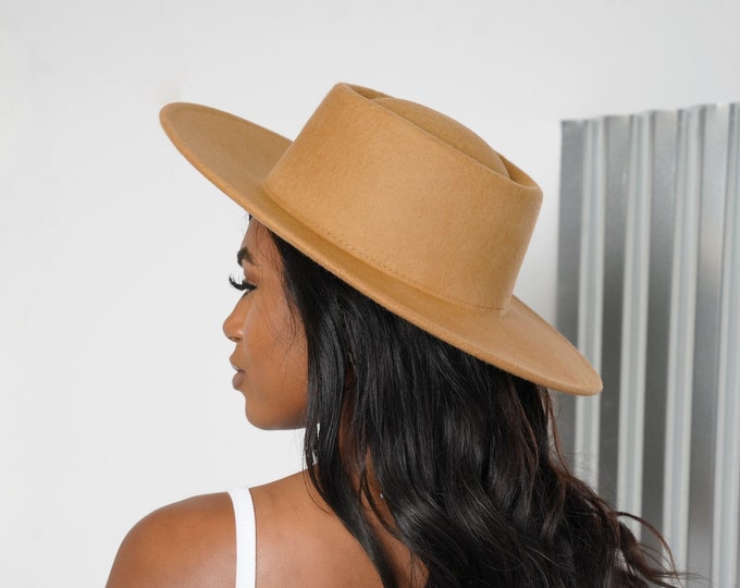 Women's Cognac Wide Brim Fedora Boater Hat