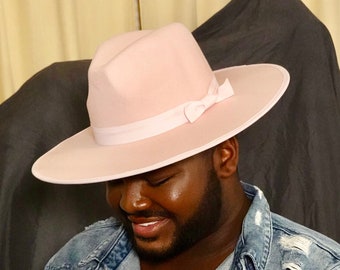 Unisex roze brede rand Fedora hoed met lint, brede rand hoed, Fedora hoed, platte rand, stijve rand, Fedora voor mannen, Fedora voor vrouwen