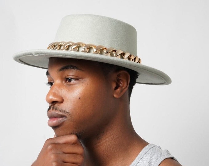 Men's Mint Flat Top Fedora Hat with Gold Chain