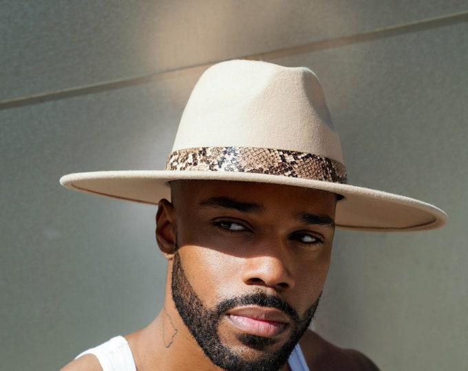 Men's Walnut Cream Wide Brim Fedora with Snake Details