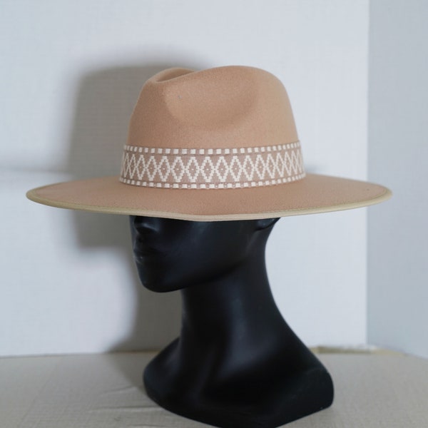 Beige Western Fedora Hat with Embroidered Boho Tribal Band, Men Women Felt Beige Fedora Hat with Famous Clan Style Embroidered Ribbon Jazz