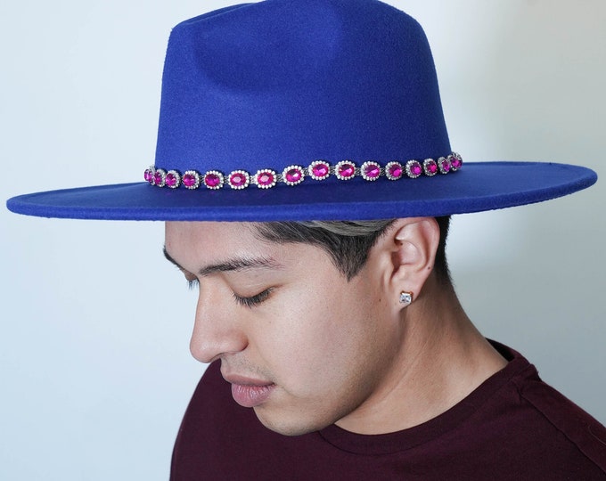 Royal and Hot Pink Widebrim Fedora with Crystal Detail