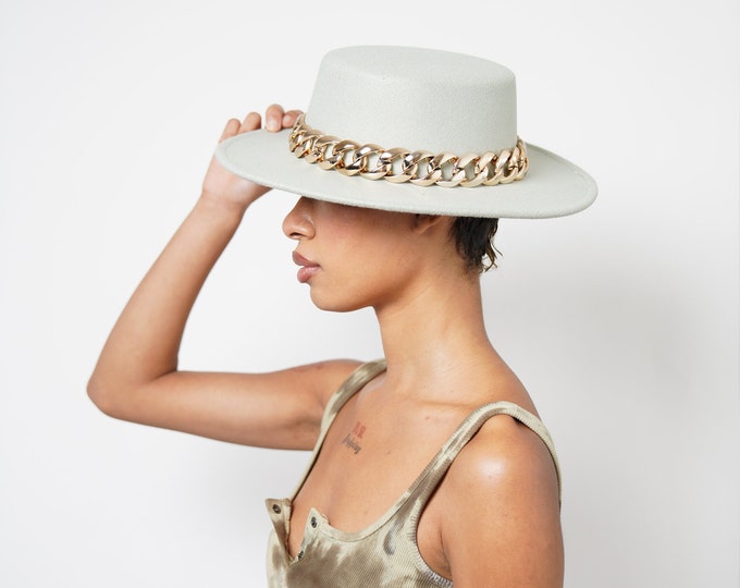 Women's Men's Mint Flat Top Fedora Hat with Gold Chain