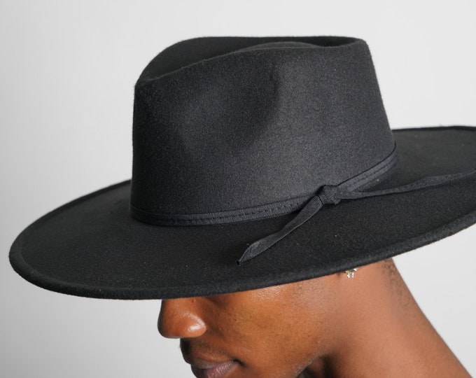 Classic Black Fedora with Thin Ribbon Detail , Big Wide Brim Fedora Hats for Women Men Western Suede Hat Large Felt Panama Hat Rancher Hat