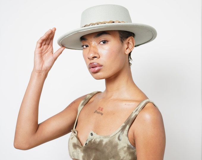 Mint Flat Top Fedora Hat with Gold Chain