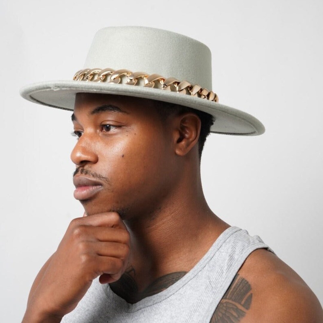 Men's Mint Flat Top Fedora Hat With Gold Chain Etsy