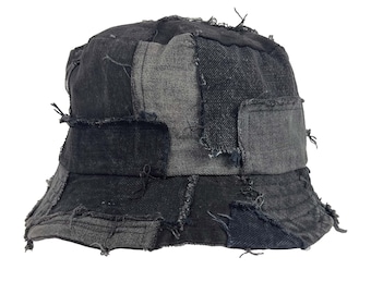 Patchwork Denim Big Bucket Hat Black