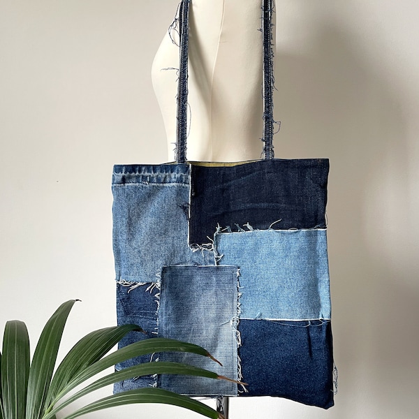 Sac fourre-tout en denim à patchs réversible fait main