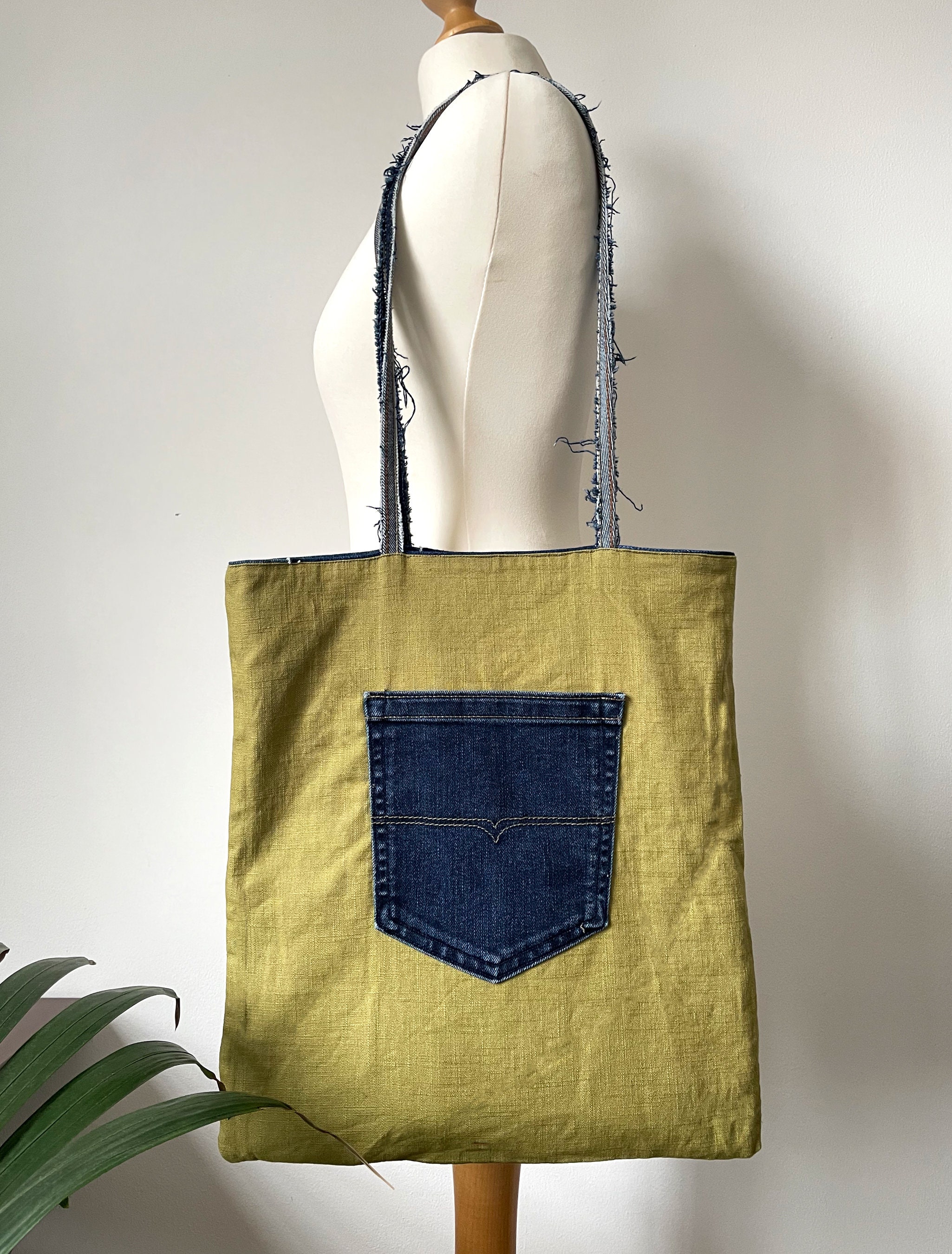 Reversible Patchwork Denim Tote Bag With a Pocket-denim Purse 