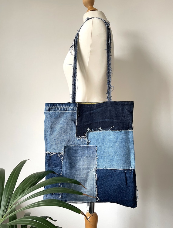 Reversible Patchwork Denim Tote Bag With a Pocket-denim Purse 