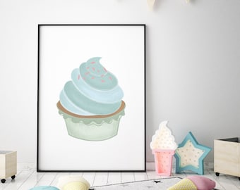 Cupcake Nursery Printable, Nursery Wall Art Print, Sweet Wall Art Decor for Boys, Blue Dessert Wall Print, Boys Room Decor, DIGITAL