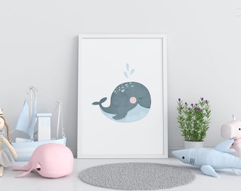 Whale Nursery Wall Art, Sea Creature Print, Underwater Sea Life Wall Print, Under the Sea Art Decor, Marine Ocean Animal, DIGITAL DOWNLOAD