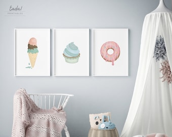 Set of 3 Dessert Art Prints, Girls Room Wall Art Decor, Ice Cream Poster, Poster Bundle for Nursery, Baby Girls Bedroom Decor, DIGITAL