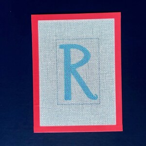 May include: A white canvas with a red border, featuring a blue letter "R" printed on the canvas.