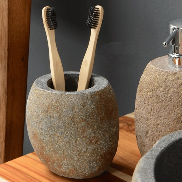 Handcrafted Natural River Stone Toothbrush Holder | Unique River Stone Toothbrush Holder - Organic Bathroom Accessory