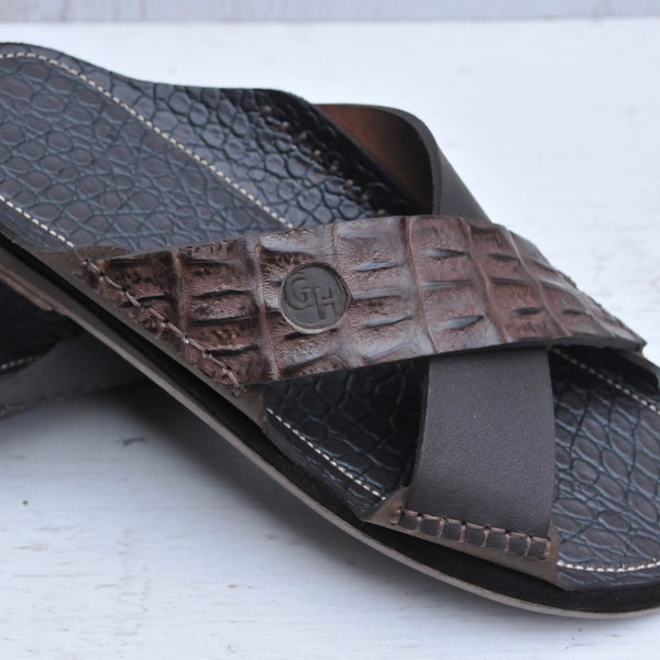 Premium Genuine Alligator Leather Men Sandals, Leather Mens Flip Flops, Black Brown Mens Sandals