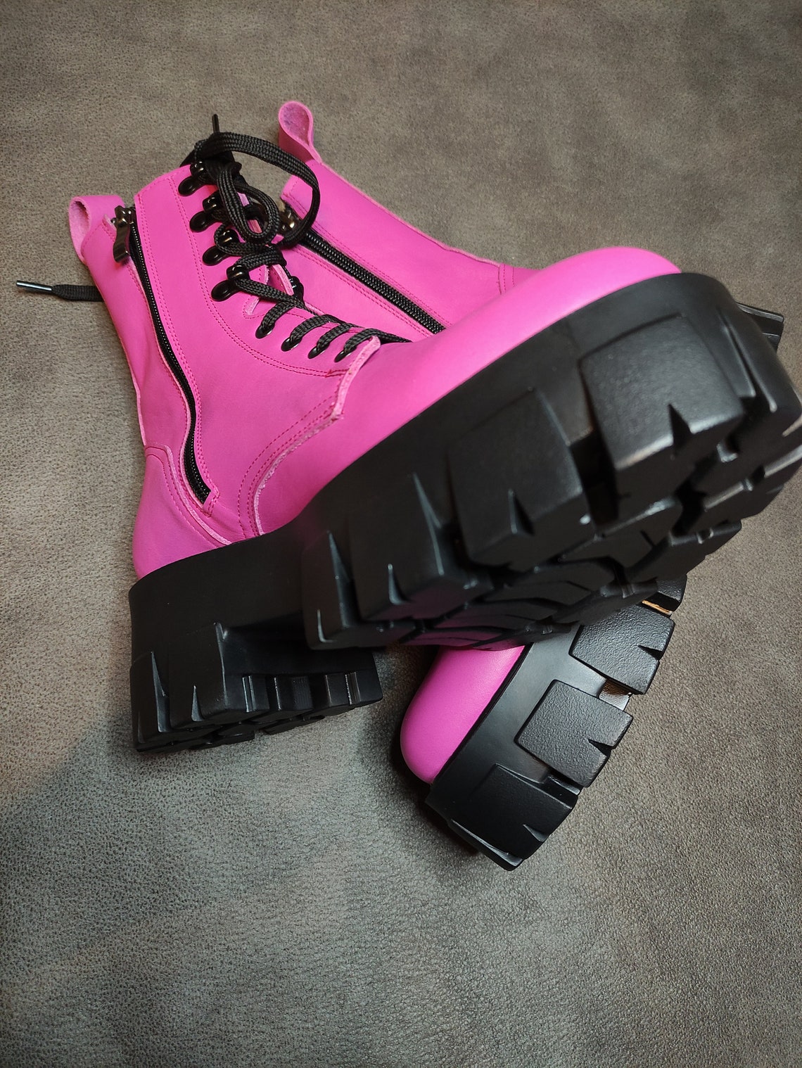 Pink Women's Platform Boots Combat Style Boots Leather Etsy