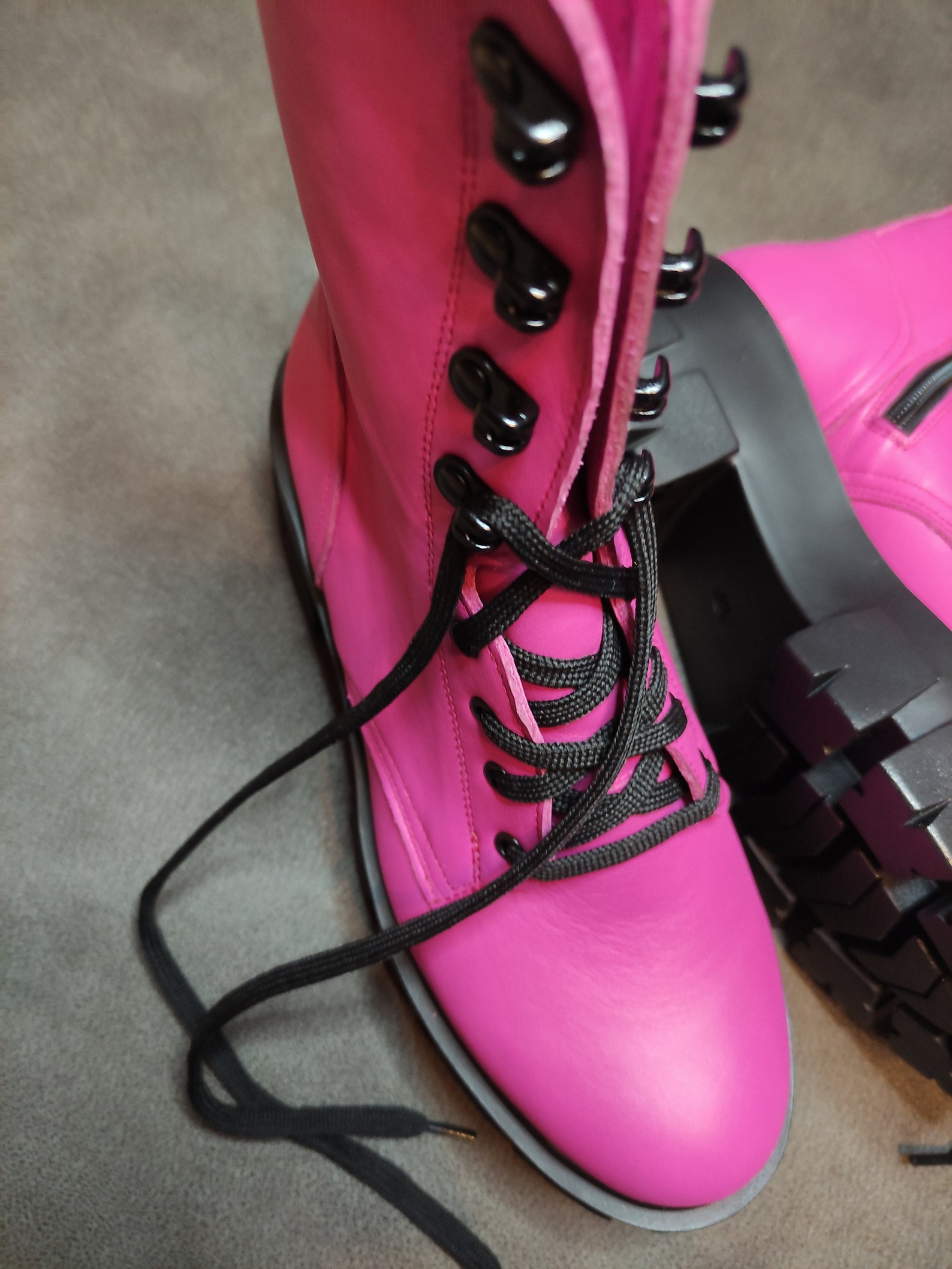 Pink Women's Platform Boots Combat Style Boots Leather Etsy