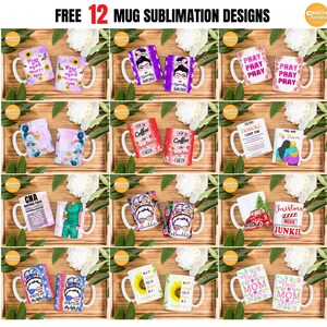 May include: Twelve sublimation designs for mugs, featuring a variety of themes including religious, Christmas, and motivational quotes. The designs are printed on white mugs with a black handle.